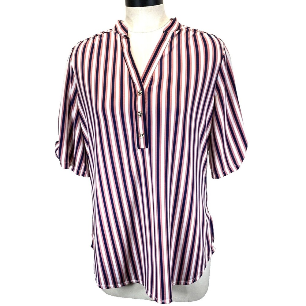 Per Seption Concepts Blouse Women's XL Striped Short Roll Tab Sleeve V-Neck Top